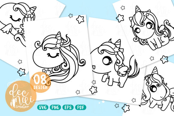 Unicorn Black-white Set No.03: Graphics & Coloring Pages Amp